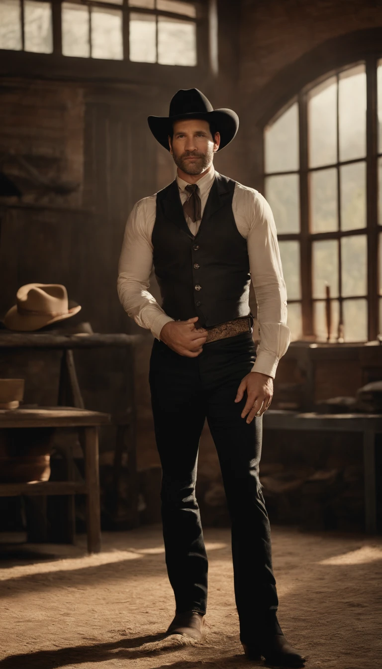 paul rudd, male with a black cowboy hat, naked, vintage posing, full body, black bootstraps and lace underwear, various poses, HD 8k high quality, gay
