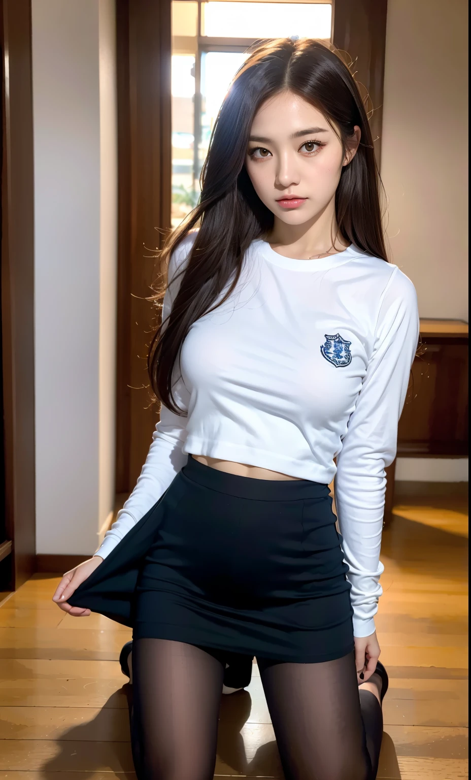 ulzzang-6500-v1.1, (Raw foto:1.2), (Photorealistic:1.4), Beautiful detailed girl, very detailed eyes and face, Beautiful detailed eyes, Ridiculous, Unbelievably ridiculous., huge file size, A highly detailed, high resolucion, Very detailed, Best Quality, Masterpiece, Chemomimi, ((Japanese girls' high school uniform)), Illustration, Very detailed, BAPV, integrated, 8K wallpaper, amazing, Fine details, Masterpiece, Best Quality, Highly detailed YTD uniform 8k wallpaper, light on the face, Cinematic lighting, 1Girl, 16yo, (()), ((Dynamic Pose))), (camel toes), (half), (Pantyhose), (Kneeling and sitting with your legs bent))