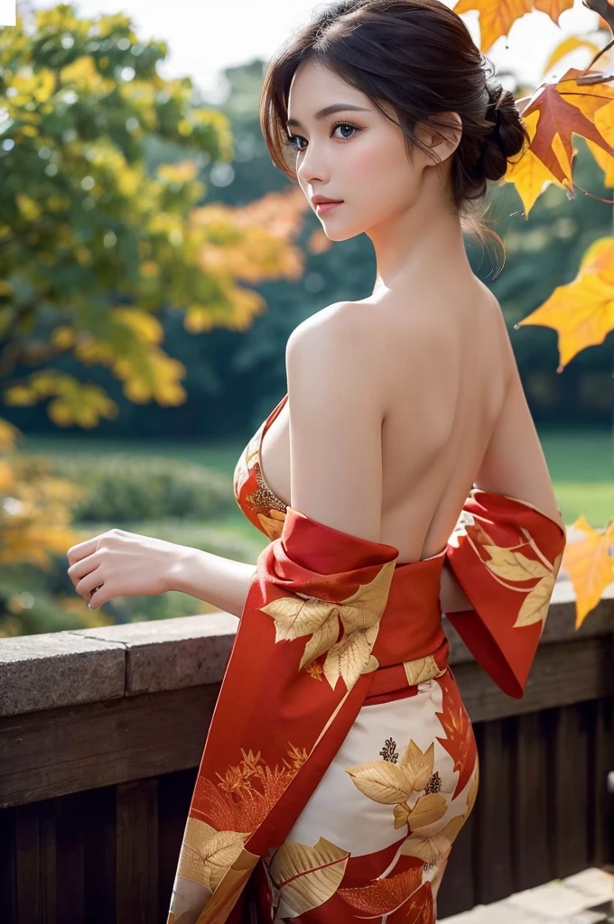(masutepiece:1.3, Photorealsitic:1.4, 8K), top-quality, masterpiece, 超A high resolution, Professional camera work, Grow Light Effect, Realistic portrait, Cinematic Light, Highly detailed skin and facial texture:1.3, Perfect dynamic composition, The ultra-detailliert, A detailed eye, Detailed limbs, autumnal, Autumn leaves landscape in the evening:1.25, 1girl in, Cute sexy 23 year old slim woman, Fair skin, Autumn leaves are dancing:1.25, (Enraptured look:0.9, Totally captivates you:1.0), (Black kimono:1.31 Only shoulders and scapula exposed), (Backshots, Calm pose), (voluptuous breasts:0.9), (Beautiful blue eyes, Eyes that feel beautiful eros:0.85), Sexy face:0.4, (A mouthfeel that feels beautiful eros:0.85), ((Too cute beauty:0.9)), back sharp focus