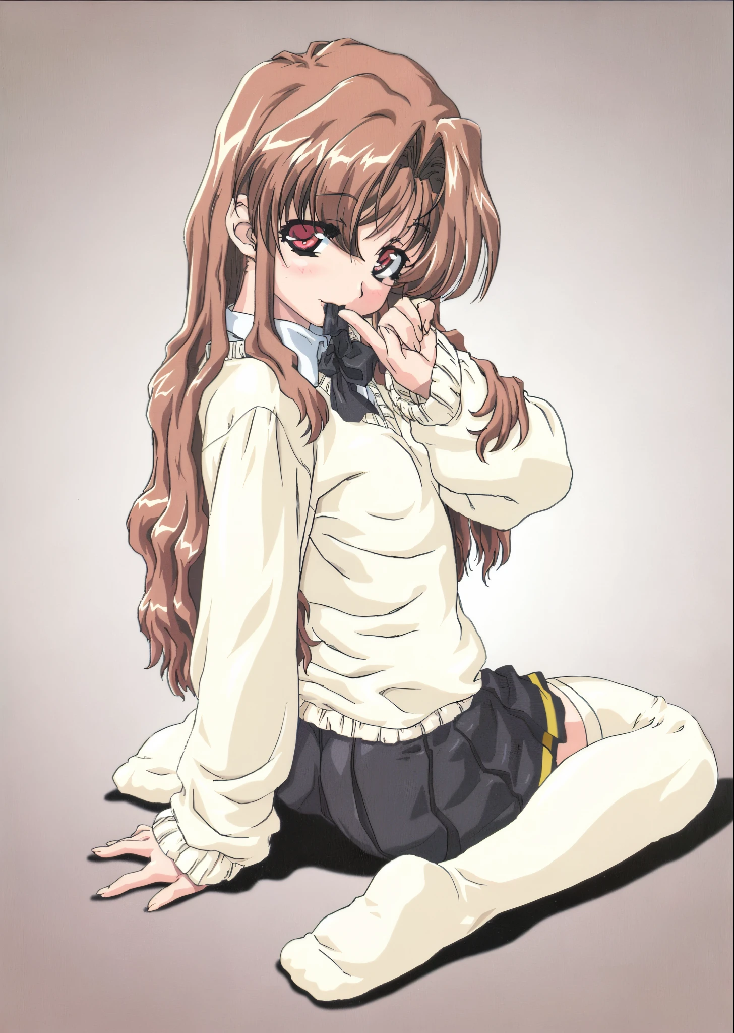 Anime girl sitting on the ground with her hand over her mouth, the anime girl is crouching, (Anime Girl), beautiful anime girl squatting, aya takano color style, Anime Girl, Cute anime girl, an anime girl, Seductive Anime Girl, Anime girl named Lucy, pretty anime girl, Rei Hiroe, tsubasa nakai's style