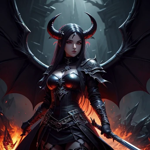 a woman with horns and a sword in front of a bonfire, dark fantasy style art, detailed fantasy art, demon anime girl, Villainy has dark angel wings, Epic Fantasy art style HD, dark fantasy art, Angel Knight girl gothic, epic fantasy art style, by Yang J, Raven Winged Female Vampire, Cute Succubus, beautiful elegant demon queen, anime fantasy art