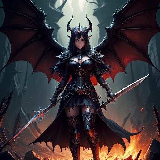 a woman with horns and a sword in front of a bonfire, dark fantasy style art, detailed fantasy art, demon anime girl, Villainy has dark angel wings, Epic Fantasy art style HD, dark fantasy art, Angel Knight girl gothic, epic fantasy art style, by Yang J, Raven Winged Female Vampire, Cute Succubus, beautiful elegant demon queen, anime fantasy art