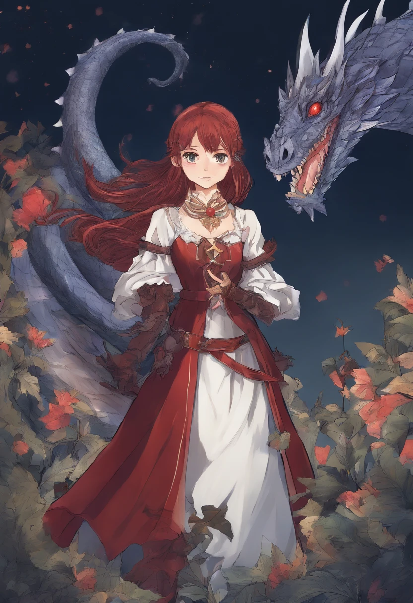 A girl with brown hair with Red streaks, red and white eyes, about 5'5 in hight, wearing an dark academia style outfit, thin scars on her arms, standing near a black and blue dragon in the style of the (fairy tail anime)