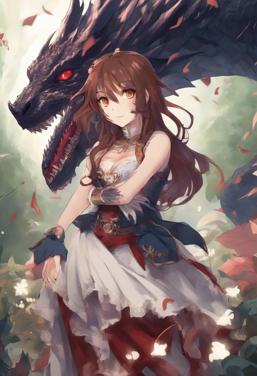 A girl with brown hair with Red streaks, red and white eyes, about 5'5 in hight, wearing an dark academia style outfit, thin scars on her arms, standing near a black and blue dragon in the style of the (fairy tail anime)