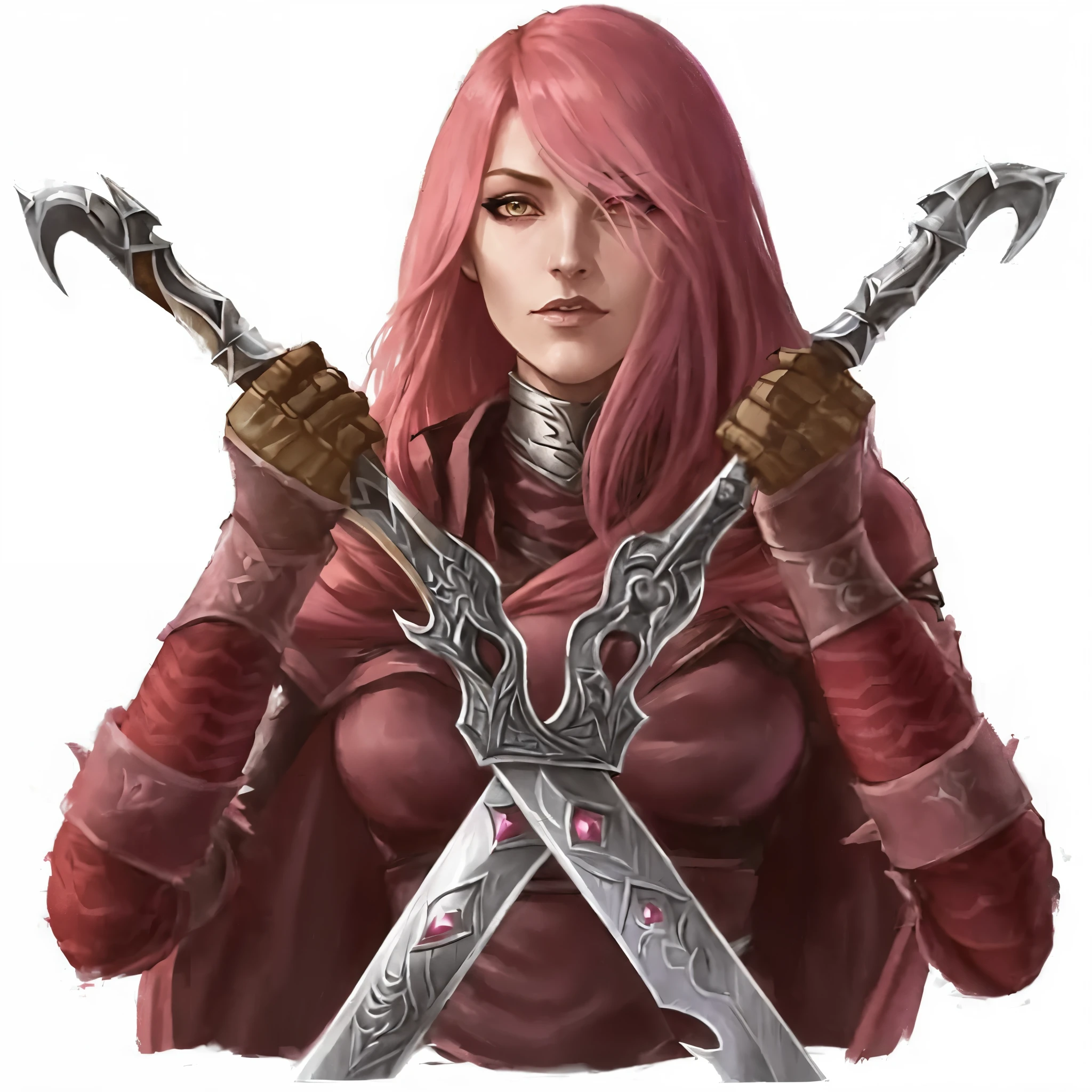 a woman with pink hair holding two swords and a sword, female occultist, rpg character art, d & d fantasy character, dungeons and dragons character, fantasy rpg symmetrical portrait, portrait of female rogue, fantasy d&d character, female redhead templar, female assassin, tiefling rogue, rpg character, complex fantasy character, dnd fantasy character art