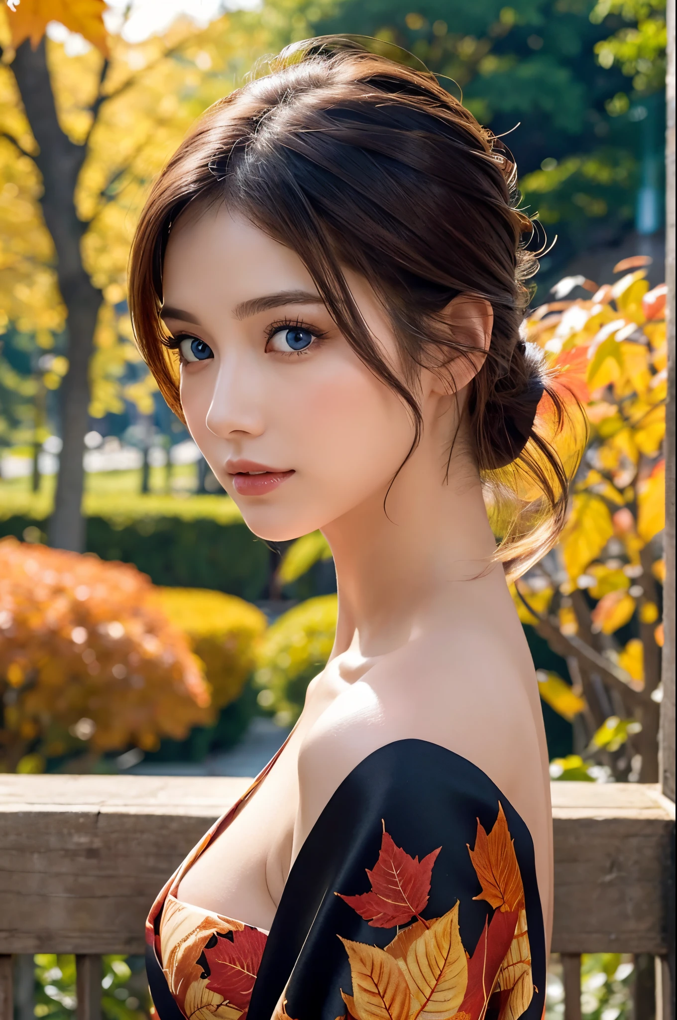 (masutepiece:1.3, Photorealsitic:1.4, 8K), top-quality, masterpiece, 超A high resolution, Professional camera work, Grow Light Effect, Realistic portrait, Cinematic Light, Highly detailed skin and facial texture:1.3, Perfect dynamic composition, The ultra-detailliert, A detailed eye, Detailed limbs, autumnal, Autumn leaves landscape in the evening:1.25, 1girl in, Cute sexy 23 year old slim woman, Fair skin, Autumn leaves are dancing:1.25, (Enraptured look:0.9, Totally captivates you:1.0), (Black kimono:1.31 Only shoulders and scapula exposed), (Backshots, Calm pose), (voluptuous breasts:0.9), (Beautiful blue eyes, Eyes that feel beautiful eros:0.85), Sexy face:0.4, (A mouthfeel that feels beautiful eros:0.85), ((Too cute beauty:0.9)), back sharp focus