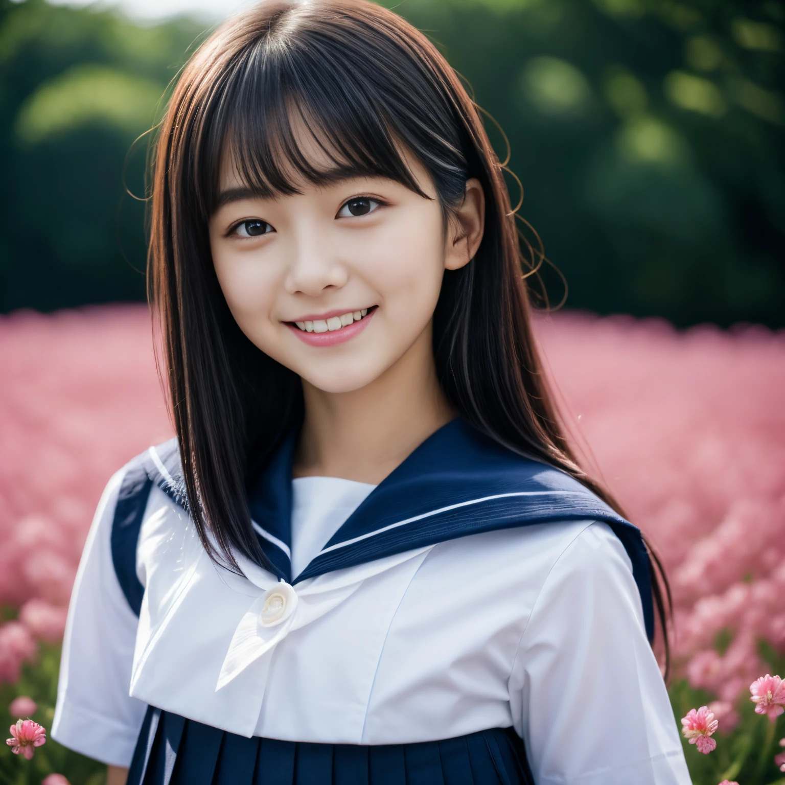 woman face closeup、a portrait photo of, Japan Person Model, 17-year-old female model, 4K、bangss、A dark-haired、bobhair、Middle hair、Straight hair、(white shirt, Sailor School Uniform, Dark blue pleated skirt:1.2), (Super cute face in idol style:1.2)、Perfect beautiful face、charming expression、a smile、The background is a beautiful pink peach flower field,