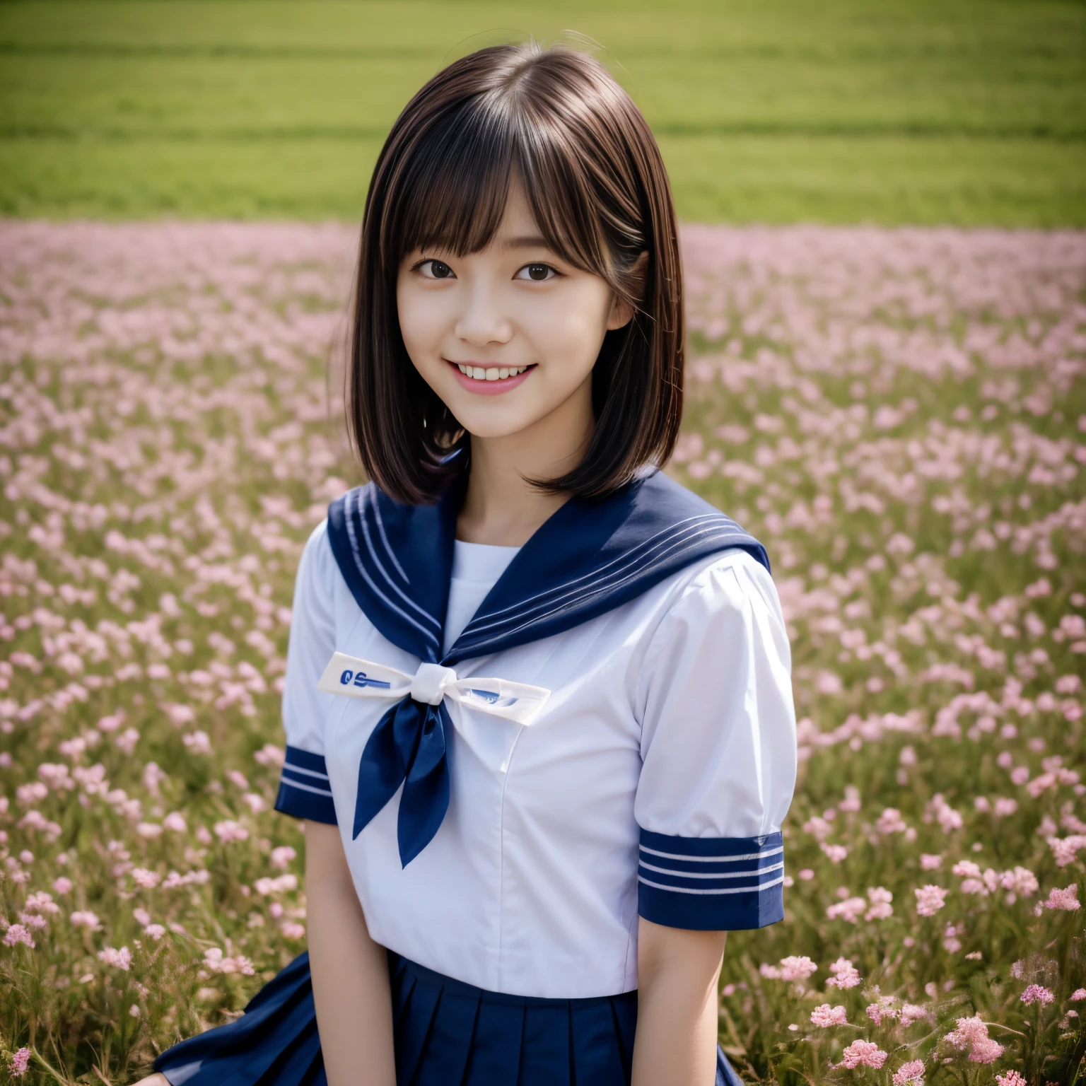 woman face closeup、a portrait photo of, Japan Person Model, 17-year-old female model,  4K、bangss、A dark-haired、bobhair、Middle hair、Straight hair、(white  shirt, Sailor School Uniform, Dark blue pleated skirt:1.2),　(Super cute face in idol style:1.2)、Perfect beautiful face、charming expression、a smile、The background is a beautiful pink peach flower field,