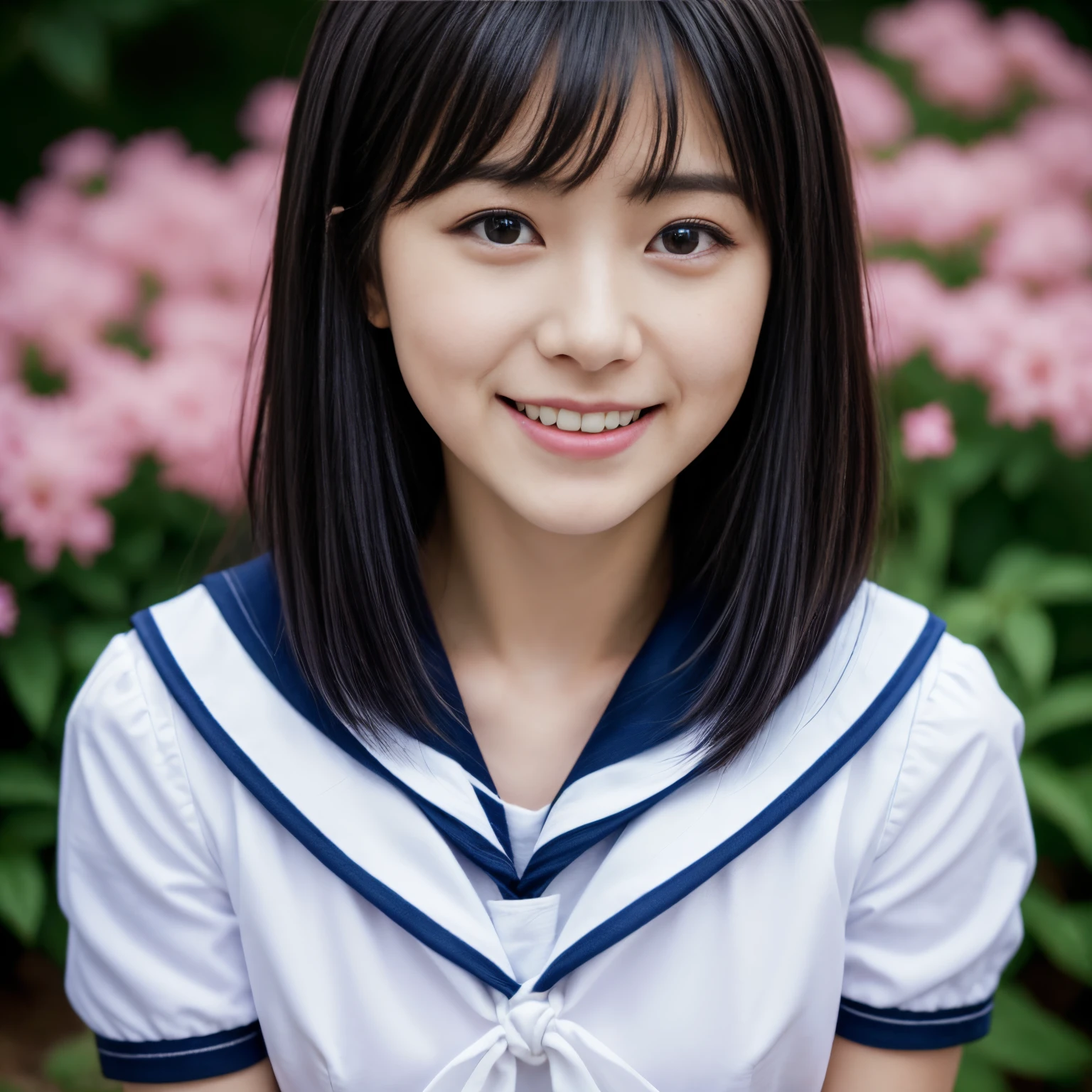woman face closeup、a portrait photo of, Japan Person Model, 17-year-old female model, 4K、bangss、A dark-haired、bobhair、Middle hair、Straight hair、(white shirt, Sailor School Uniform, Dark blue pleated skirt:1.2), (Super cute face in idol style:1.2)、Perfect beautiful face、charming expression、a smile、The background is a beautiful pink peach flower field,