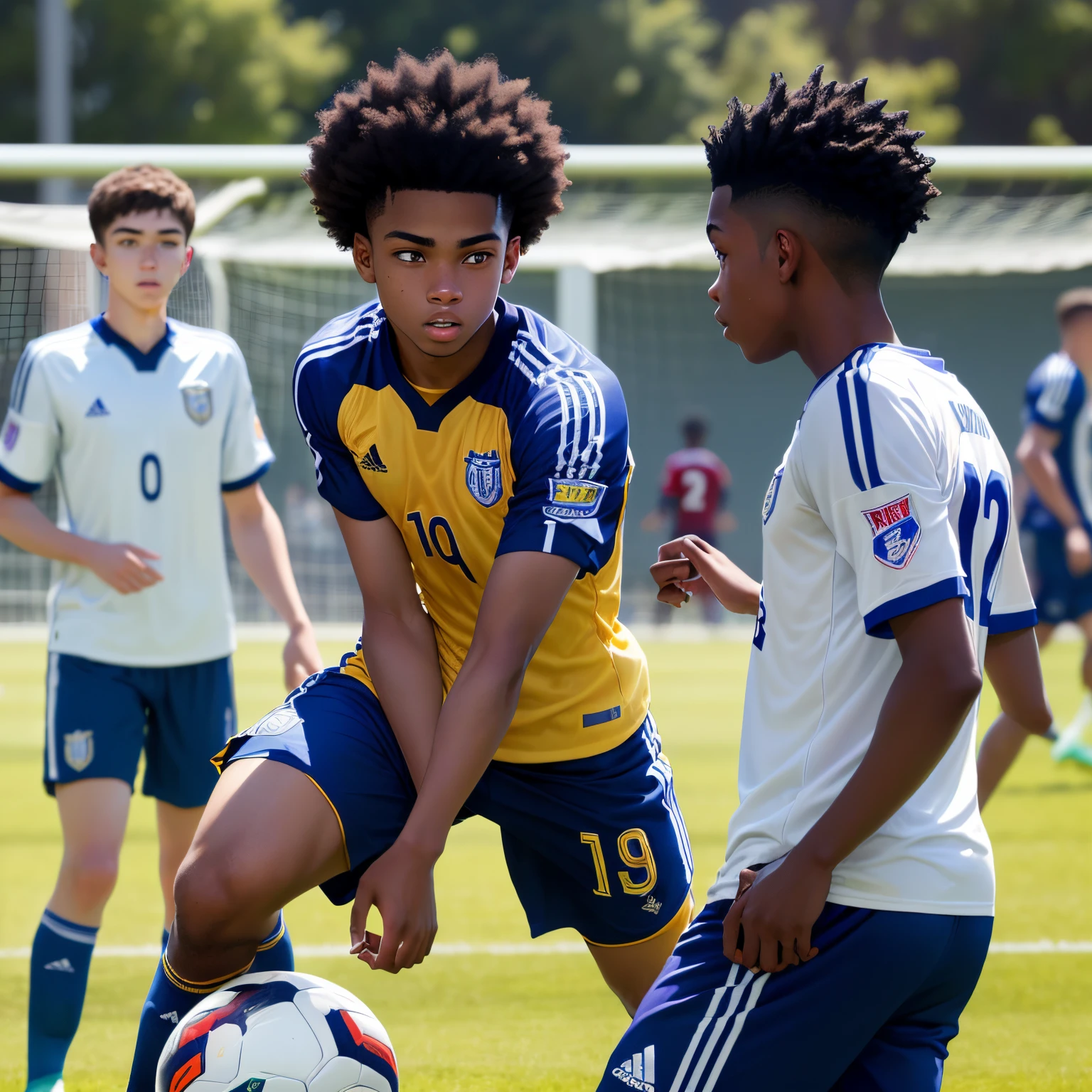 a young african american boy who plays soccer for a team that wears purple. he has light brown skin and a short afro. he goes on to excel and score goals. but he ends up getting cut from his team and it makes him sad but starts a fire inside of him. in 9th grade he then makes his varsity high school soccer team. he is the youngest member of the team but starts in the games and scores a goal on the last day of the season. after this and a successful club season, he tries out for several academy teams so that he can end up playing college soccer. he doesn’t make any teams, but then in the last hour there ends up being one team that wears royal blue and yellow that takes a chance on him… he gets benched and made fun of by his teammates but it doesn’t discourage him.