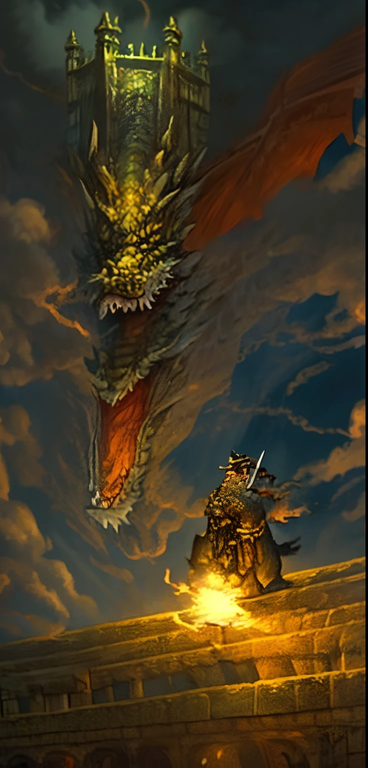 Masterpiece, beautiful ligtht, beautiful composition, dramatic lighting, realistic, awesome textures. Medieval castle, a knigt hold up his sword, he is screaming hile an amazing dragon pokes its head out of one of the castle windows in an epic scene with its open jaws breathing fire