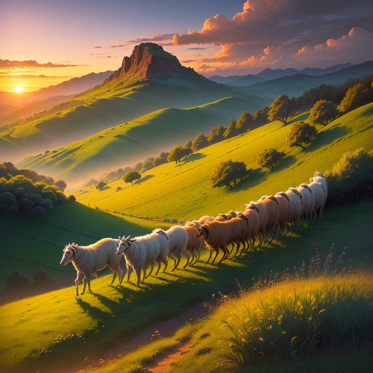 An image of a shepherd leading his flock through lush green hills at sunset