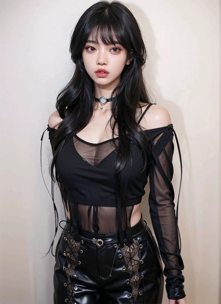 a close up of a woman with a black top and black pants, cruel korean goth girl, Xianxia de corpo inteiro, Xision Wu, very beautiful goth top model, Lalisa Manobal, Lalisa Manoban do Blackpink, Bae Suzy, menina coreana, Jinyoung Canela, Ulzzang, Ela tem cabelo preto com franja, Modelo de moda feminina coreana