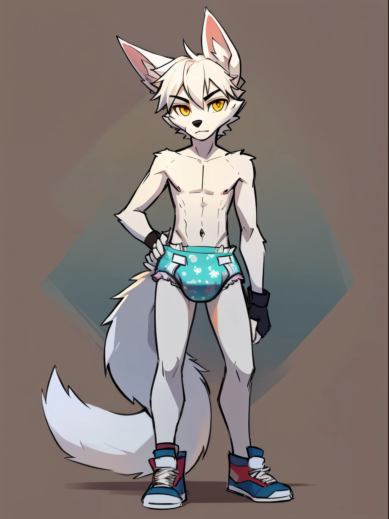 Male, Arctic wolf, detailed yellow eyes, long tail, big nipples, slim, sly, simple background, detailed plain white diaper, diaper with four tapes, Smirk, one hand on crotch