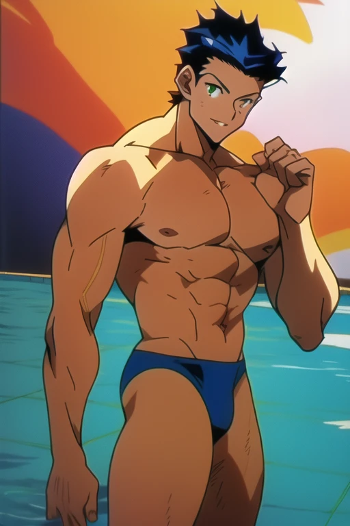 Mirio Togata, 80s tv anime image, handsome muscular shirtless swimmer guy, perfect body, full body, dark emerald and gold, ((best quality)), ((masterpiece)), (detailed), perfect face