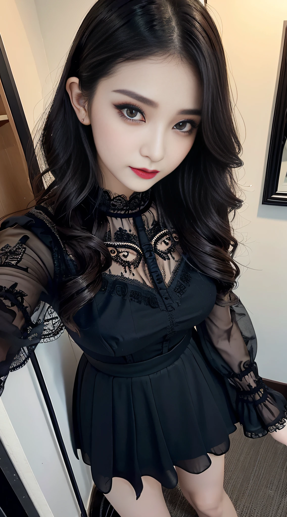 Ultra-detailed、Fascinating beauty、Dainty woman、Cool Girl、Wavy Hair、Black chiffon dress、Wide sleeves、flered skirt、Evil Female Executive、Evil Fall、brainwash、lacy fabric、Glossy legs、black lipstick、Evil look、Suspicious look、Hollow eyes、wicked、Reaching out、Over Head Shot、selfy、stand up