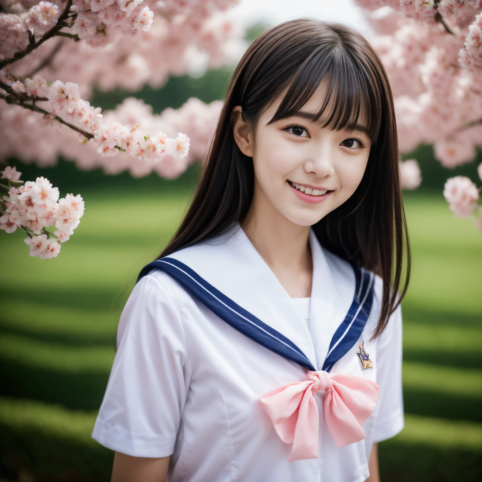 close up of 1 woman&#39;s face、Portrait photos, Japan Person Model, -yeld fee model,  4K、With bangs、A dark-haired、bobhair、Middle hair、Straight hair、(white  shirt, Sailor School Uniform:1.2),　(Super cute face in idol style:1.2)、Perfect beautiful face、enticing expression、Gentle smile、The background is a beautiful pink peach blossom field.....,