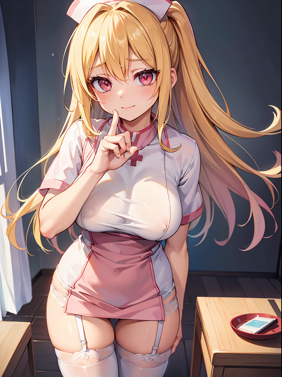 (RAW Photos, Best Quality), (animesque: 1.2), (Sharp facial features), (smaller face: 1), 1人の女性, Beautiful, (High Detail Skin: 1.2), (drooing eyes), (Red eyes), Seductive smile, 鎖骨, cute face, Beautiful eyes, long eyelashes, ((Perfect fingers)), Clean hands, ((Blonde Shortcuts)), ((Pink nurse clothes:1.2, white garter stockings)), (((Beautiful breasts))), White interior, Soft lighting, High quality, Professional Lighting, Photon mapping, Physically Based Rendering, Perfect limbs, Perfect Anatomy, tre anatomically correct,