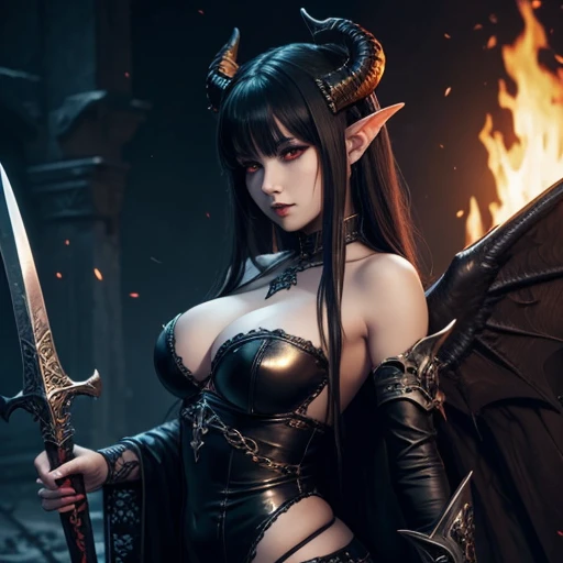 (Masterpiece), (Highly quality), (Highly detailed), close-up, a woman with horns and a sword in front of a bonfire, y dark fantasy style art, detailed fantasy art sexdemon anime girl, Villainy has dark angel wings, Epic sexy Fasy art style HD, dark fantasy art, sexy Angenight girl gothic, epic fantasy art style, by Yang J, Raven Winged Female Vampire, Cute Succubus, beautiful elegant demon queen, anime fantasy art
