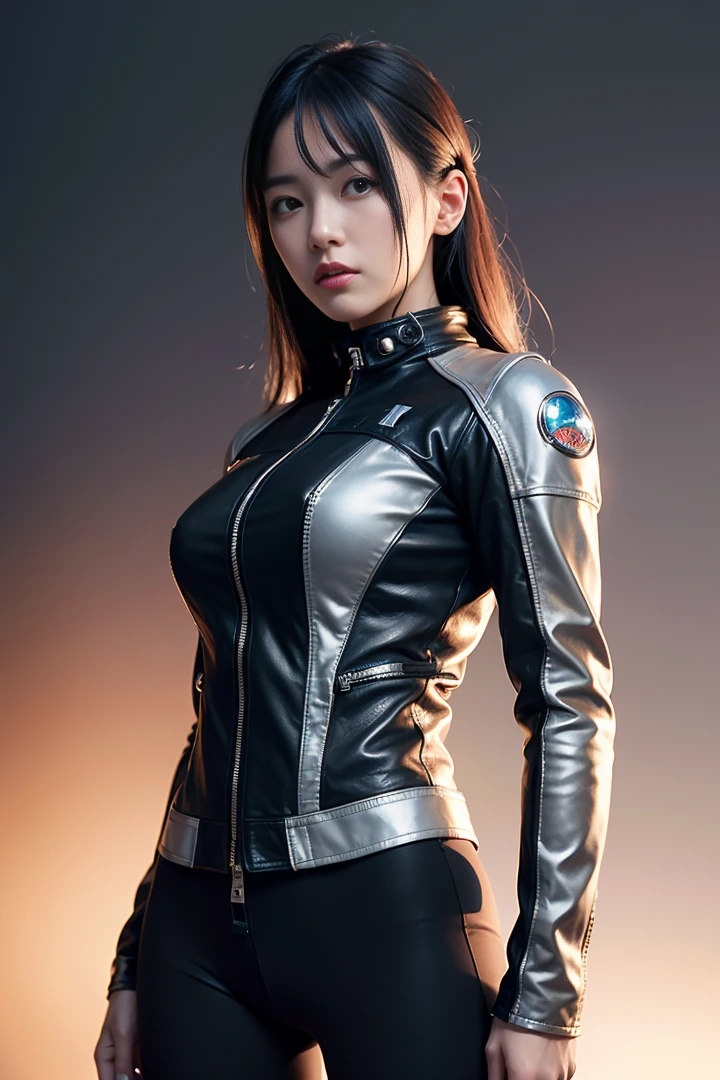 ( (8K:1.27), top-quality, masterpiece, 超A high resolution:1.2) Photo courtesy of: A cute Japanese woman (Beautiful:1.1) (sci-fi warrior woman:1.1) Space Soldier, (leather jackets:1.21) complicated and elegant, Fantasia, detailliert, ometric by greg rutkowski and alphonse mucha, Gradient lighting, Silver Suit