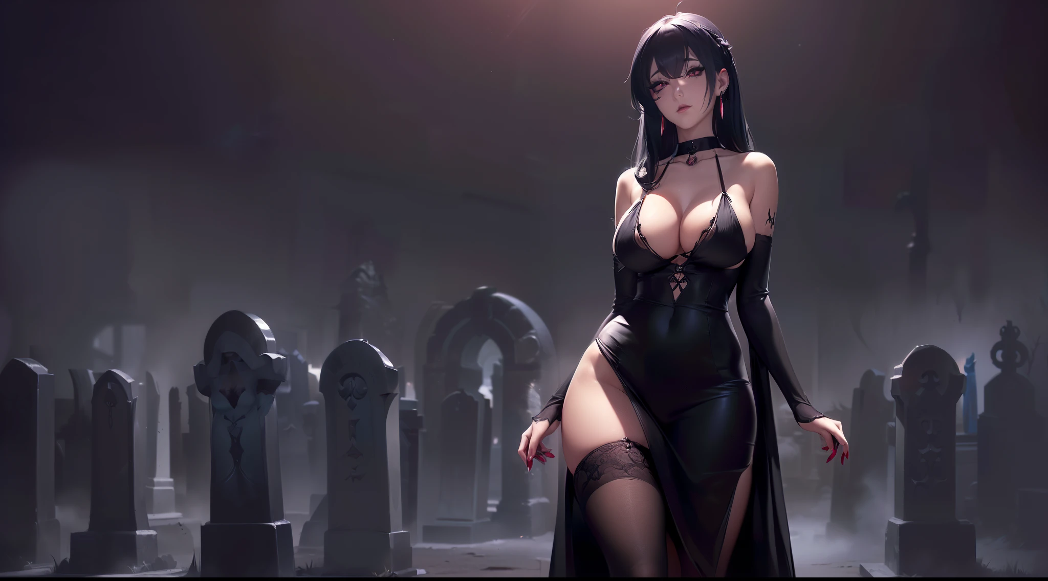(Masterpiece: 1:1 (nsfw), top quality, best quality, 8k, cinematic lighting, full body shot, smooth and natural, garments:barechested:1.3), (((cg - style image of a delicate mature woman in a sexy dress, delicate earrings))), ((see through)), long flowing black hair, seductive anime woman))), seductive pose, beautiful alluring anime woman, curvy anime milf, thicc, extremely detailed, sexy anime waifu, ((large full breasts,big cleavage)), (thighs), (((deep red eyes, long eyelashes, black choker))), (((background: dark gothic style graveyard)))