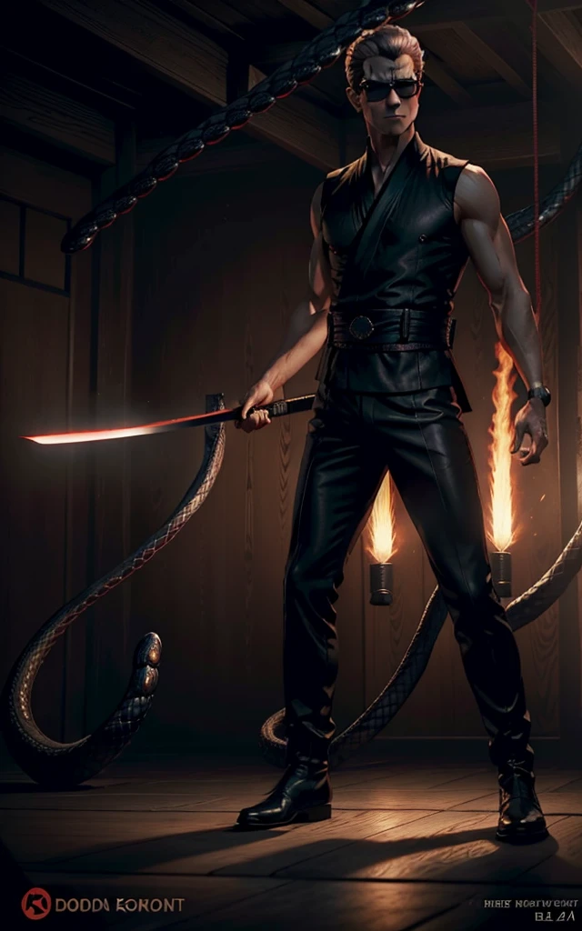 ((Albert Wesker)), shirtless:1.2, wearing elegant Japanese hakama, black boots, wearing circular sunglasses, glowing red eyes, middle aged man, blonde top knot, surrounded by snakes, in a dark dojo, holding a cursed katana:1.3