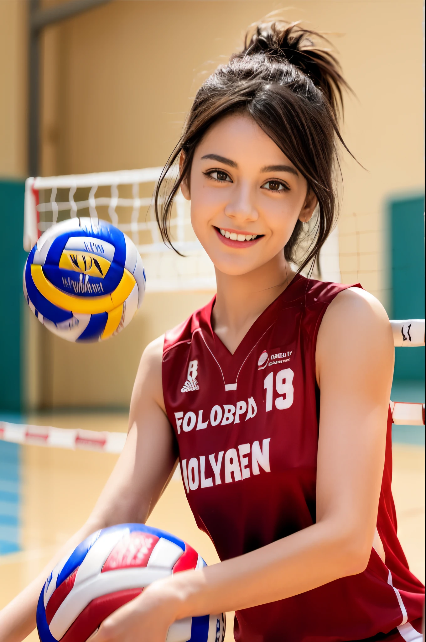 1 girl,solo,6 years old,/(volleyball uniform/), /(dark brown hair/) bangs, blush light smile, (masterpiece best quality:1.2) delicate illustration ultra-detailed, large breasts BREAK /(volleyball court indoors/)