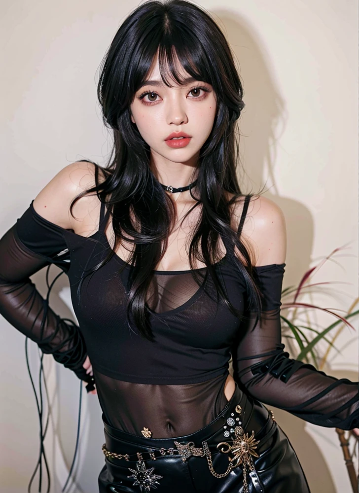 um close up de uma mulher com cabelos compridos usando um top puro, Ela tem cabelo preto com franja, cruel korean goth girl, cabelo preto longo com franja, com franja completa, com franja, Ulzzang, franja preta, cabelo comprido com franja completa, cabelo blackbangs cabelo, Lalisa Manobal, cabelos escuros longos com franja, cabelos longos com franja