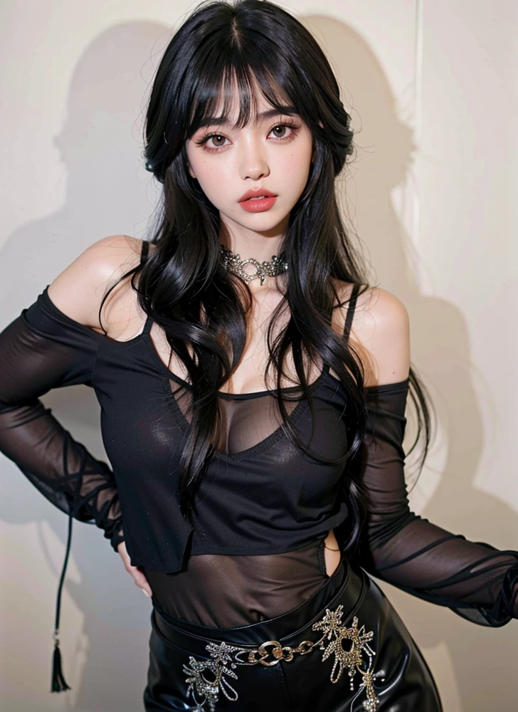 um close up de uma mulher com cabelos compridos usando um top puro, Ela tem cabelo preto com franja, cruel korean goth girl, cabelo preto longo com franja, com franja completa, com franja, Ulzzang, franja preta, cabelo comprido com franja completa, cabelo blackbangs cabelo, Lalisa Manobal, cabelos escuros longos com franja, cabelos longos com franja