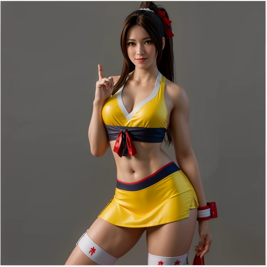 (best quality,ultra-detalhado),(Realistic:1.37),Mai Shiranui, rosto bonito e detalhado, rosto delicado, Textura ultrarrealista, rosto delicado, smiling expression, corpo delicado, Fit physique