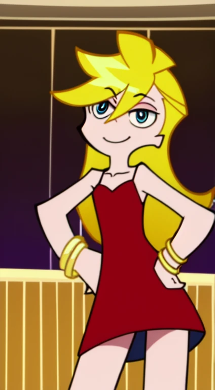 Panty Anarchy, Long Hair, Blonde Hair, Blue Eyes, Light Smile, Bare Neck, Bare Shoulders, Little Red Dress, Short Red Dress, Golden bracelet, Sexy Poses, Bar Background, standing, hands on hips, smile, looking at viewer