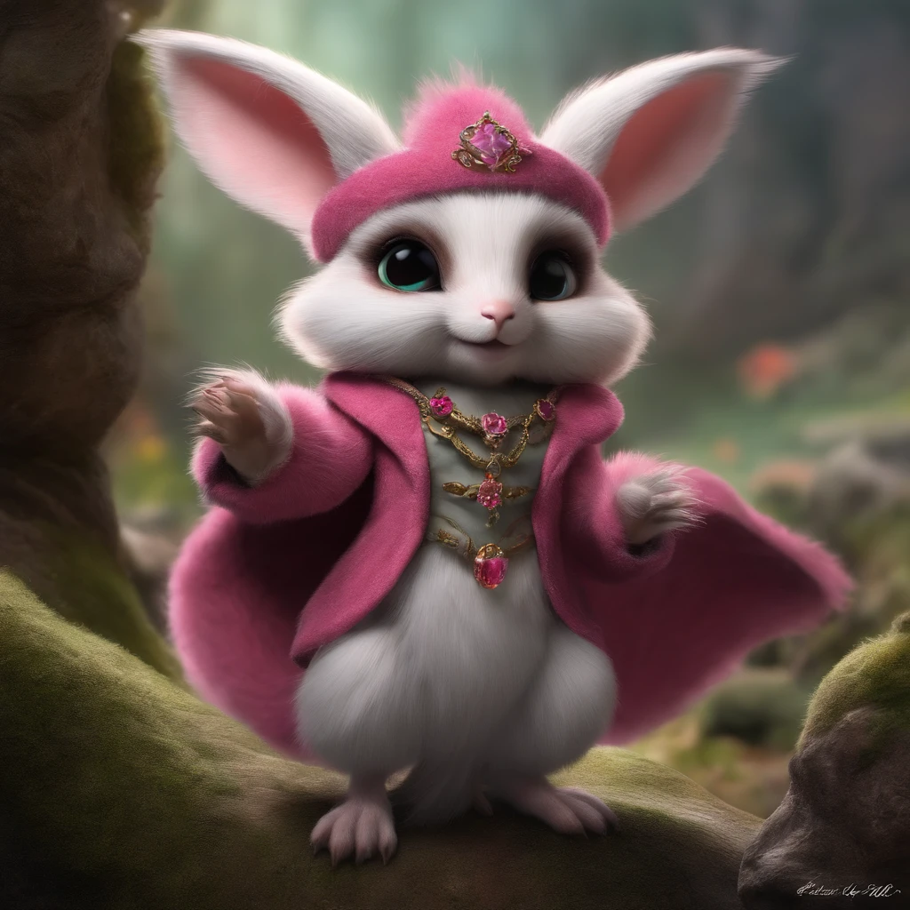 gremlin, Like a squirrel, petite girl, big breastes, Huge eyes, large ears, big carrot in paws, white and pink fur, short tail, toxic color wool coat, The clothes, Best Quality, Masterpiece, in style of dark fantasy art,  Metal style, rock style