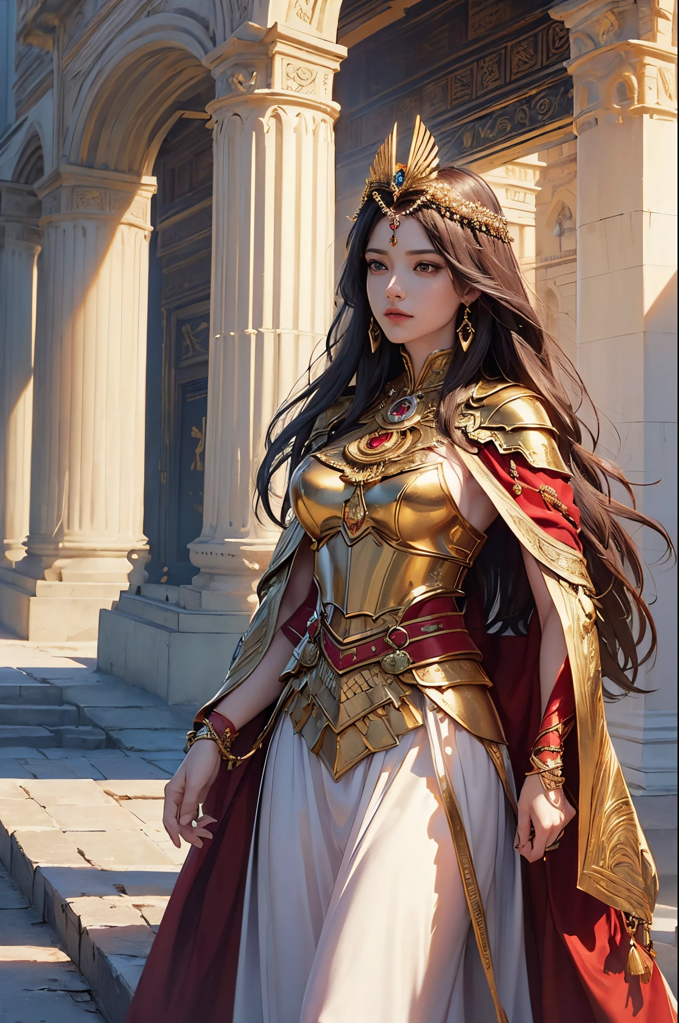 ((masterpiece)))、(((top-quality)))、((ultra-detailliert))、(A hyper-realistic)、(highly detailed CGillustration)、Official art、Lion motif、Gold and red tones、Fantasia、Ancient mythology、Ancient Mesopotamia、eventide、sacred place、Mystical、solemnity、An majestic、Best Quality, master piece、eventide、Seishtar, Goddess of War、battlefield commander、guardian of lon、Increase your fighting spirit、Invincible Great General、Awe-inspiring Hall々、Brave、glory of babyHonor of Babylon、veteran hero、Slender eyes、matchless beauty、Rin々Right、Guardian of the Lion、refinement、noble、Proud、Wearing noble jewelry、Equip your weapons、The appearance is luxurious and golden armor、Cloak in the wind、Tall and lean、fiery red long hair、Perfect Angle、perfect-composition、low angles、full body Esbian