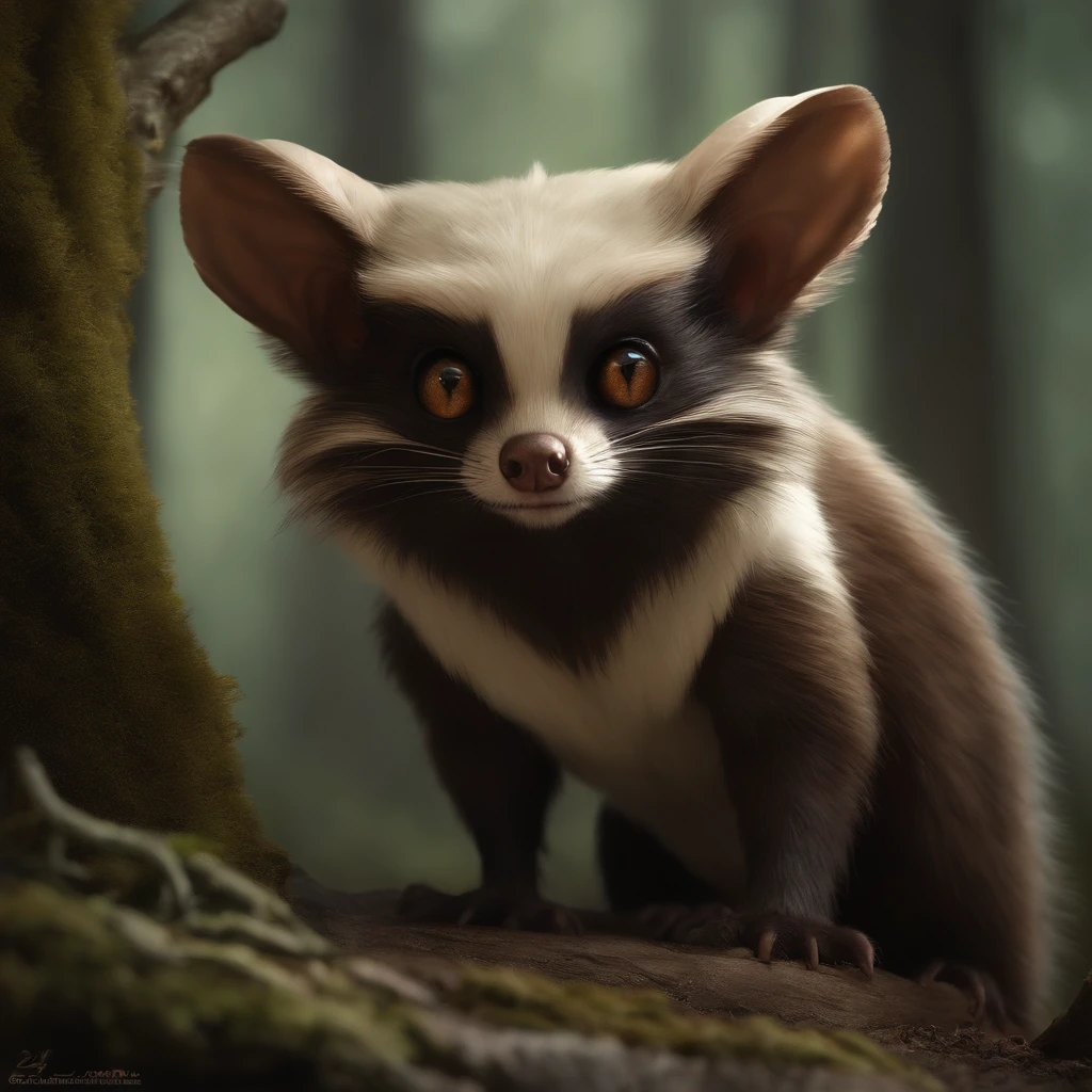 gremlin, like a ferret, Huge eyes, small ears, horns near the ears, big nut in paws, white and brown fur, small fluffy tail, brown vest with hood, The clothes, standing in the woods, Best Quality, Masterpiece, in style of dark fantasy art