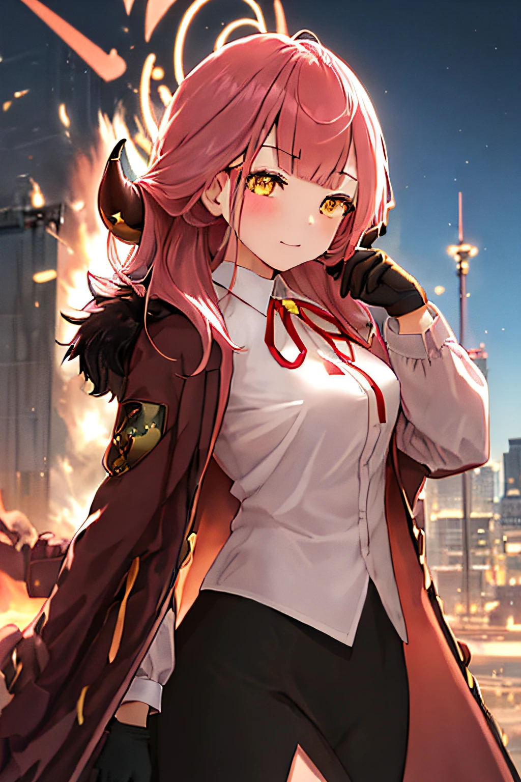 ((superfine illustration, Extremely detailed, A beautiful and cute girl, very detailed beautiful face and eyes, Big explosion in the background, A huge building is exploding in the background, Black smoke)), she&#39;s wearing a sci-fi suit, depth of fields, jump up.stagnated, Tears, Horns, Bangs, long_hair, Pink_hair, Halo, bow ribbon, Neck_bow ribbon, breasts, Red_bow ribbon, yellow_Eyes., Solo, {understand_blue archive:1.15}, 1girl in, coat, Collared_Shirt, furr_trim, Shirt, It features a simple_Background, white_Shirt, gloves, long_sleeves, white_gloves, blunt_Bangs, Red_coat, Motion Blur, Best Quality, masutepiece, hight resolution