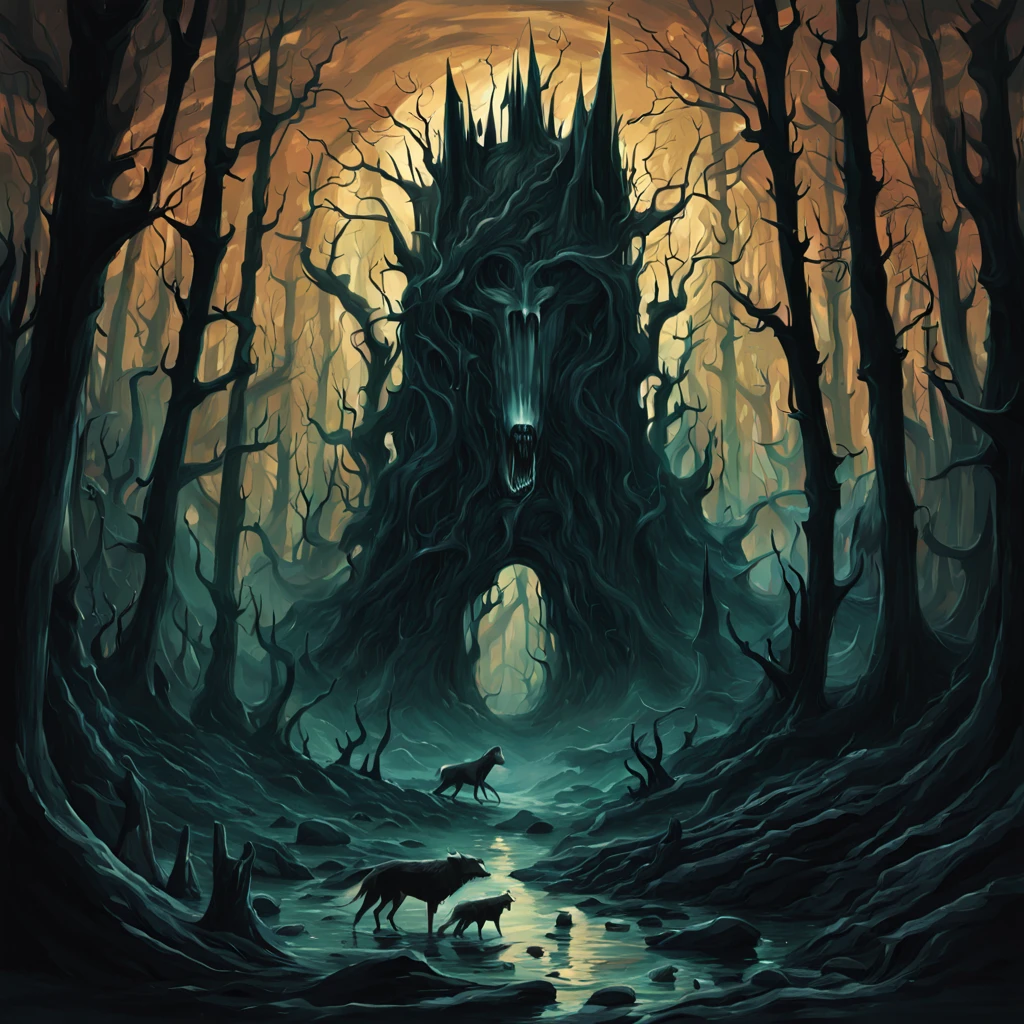 Evergloom is like a storybook steeped in nightmare a dark forest of Wolves of shadows and spirits haunting, in futurism art style, in futurism art style