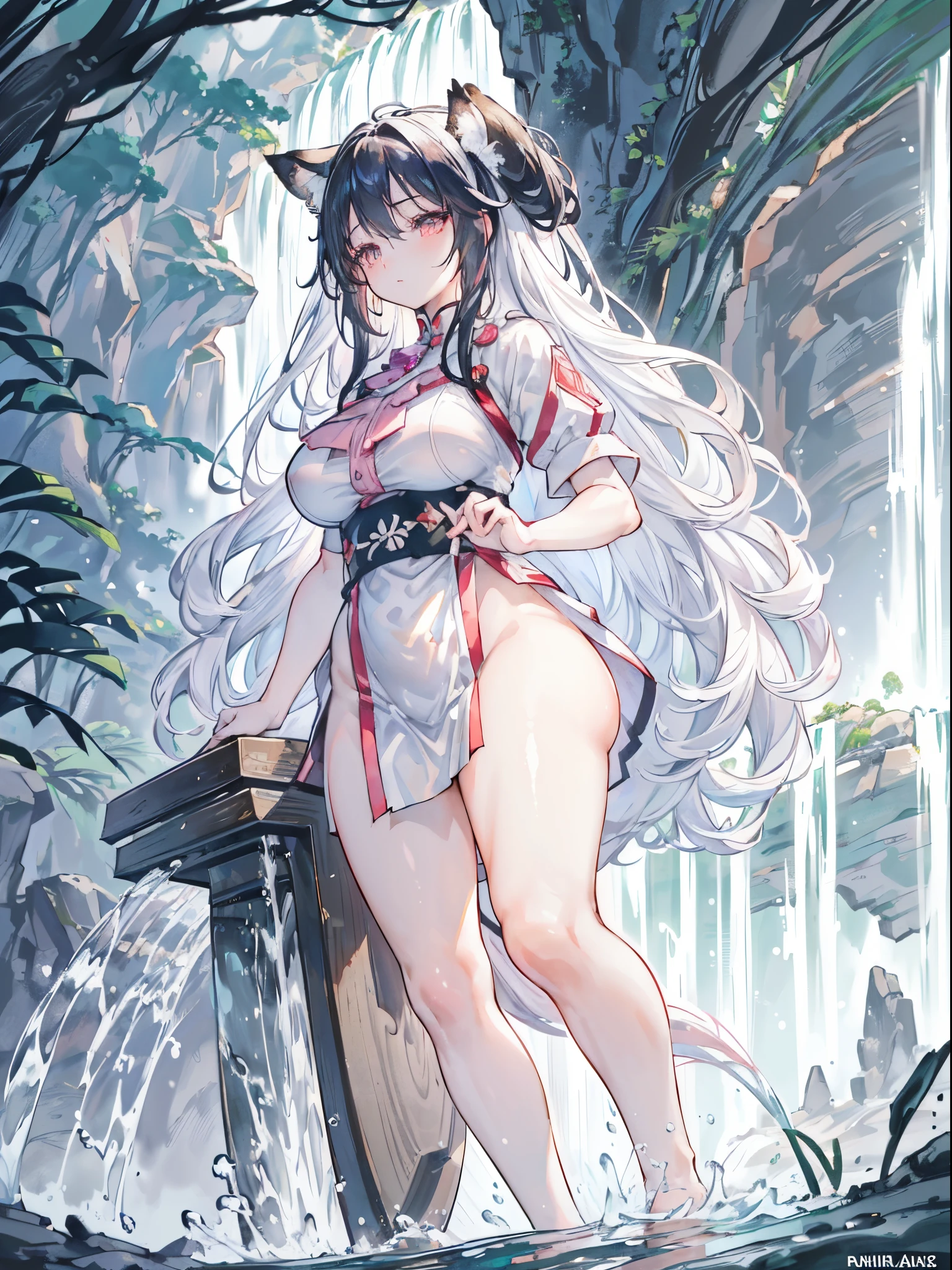 a Kitsune girl in profile looking up, (((a waterfall, and pouring water on her body))), long white and black hair, (((half black and white hair))), long sideburns, fox ears, pure red eyes, thick lips, pink lips, perfect skin, small round breasts, big ass, thick thighs, 9 fox tails, Full body, perfect sunlit reflections, {extremely detailed 16k CG unit wallpaper}, photography of expansive landscape, (a view from below with focus on the character and the setting), (wide view of open field), (low angle photo), (high light: 1.4), (low light: 1.4), (source of warm light: 1.4), complex details, (iridescent colors: 1.2), (bright lighting), (atmospheric lighting), dreamy, unique,