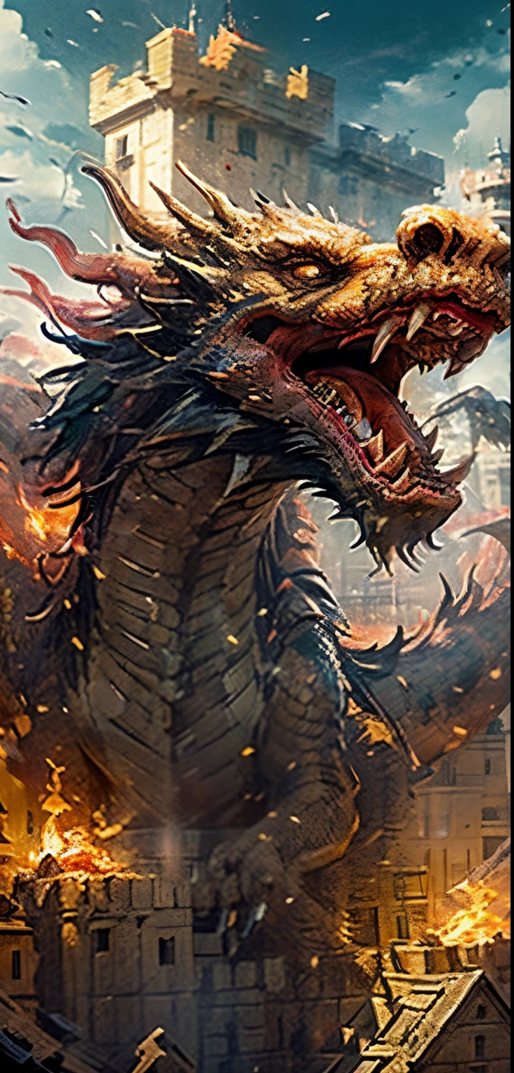 Masterpiece, beautiful ligtht, beautiful composition, dramatic lighting, realistic, awesome textures. Medieval castle, a knigt hold up his sword, he is screaming hile an amazing dragon pokes its head out of one of the castle windows in an epic scene with its open jaws breathing fire. Dragon, head, neck and claws, roaring, open jaws, breathing fire by his jaws, high detailed, high definition
