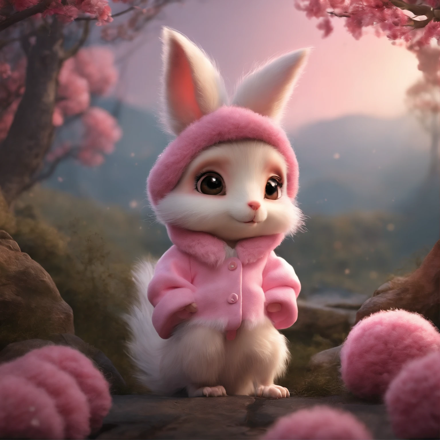 gremlin, Like a squirrel, petite girl, big breastes, Huge eyes, large ears, big carrot in paws, white and pink fur, short tail, pink wool coat, The clothes, Best Quality, Masterpiece, in style of dark fantasy art, kpop style