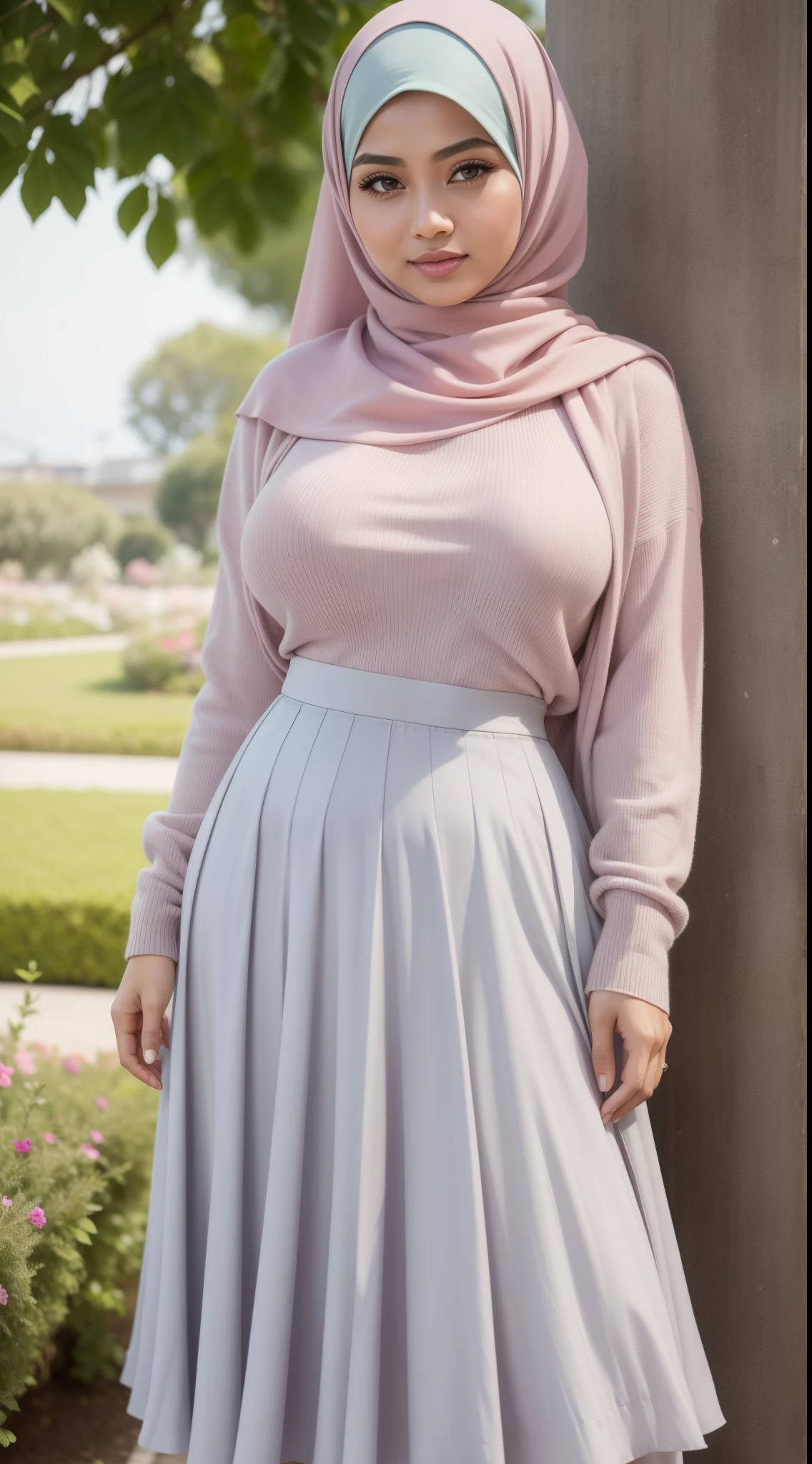 RAW, Best quality, high resolution, works: 1.3), beautiful Malay woman in hijab (iu:0.8)1Beautiful Malay woman, beautiful face, watery eyes, perfect lips, big eyes, ((big breasts)),perfect body, thick thighs ,soft smiling, wearing a gray pleated pink sweater and skirt, feminine in cute pastel colors, pleated skirt, feminine in pastel colors, wearing a long fluent skirt, layered clothes, wearing long flowing fabrics, pastel style, pastel clothes, in pastel colors, muted pink and grey, muted and pastel colors, in pastel colors, standing on floral garden, close up