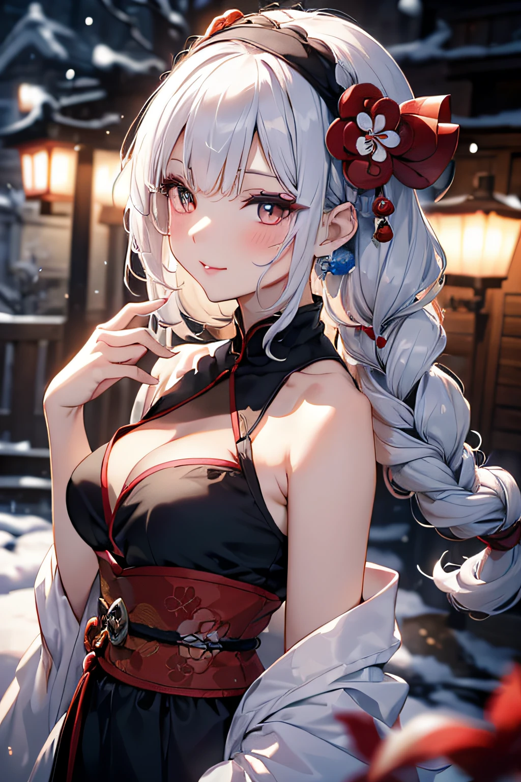 ((One personの女性)), Beautiful Face, Laughing embarrassedly, (laugh:1.2),((Wink:1.9)), (head tilt:1.3), Laugh with your mouth wide open, upper teeth, ((breath:1.9)), looking down at viewer,((undressing kimono:2.4)), (((full-face blush:1.6)),Glossy Red Lips,rooftop, firework, Glossy red lips, Shining Face, ((Anime style background)),masterpiece, Highest quality, so beautiful,up to date, Complex details, (Pink long nails),(ring),(bracelet),(Floral choker),AI-generated, Complex,High resolution, Highest quality, super high quality,3D Images、3D Images, One person, Long white hair, High Ponytail, Anime woman posing for a photo, (blue eyes), ((Fine grain、Silvery white, lightly pigmented eyes、Shining Eyes:1.4)), (Squint your eyes:1.1),a hyperRealistic , hyperRealistic , Realistic,Anime woman with long white hair, Smooth anime CG art, A woman in a colorful kimono with gold embroidery, ((Black long sleeve kimono)),Red floral pattern,Long flower hair ornament,Earrings,Mature Body,(Big Breasts:1.1),Tall,Abdominal muscles,Tight waist,(Zoom up to face:1.1), (from below),