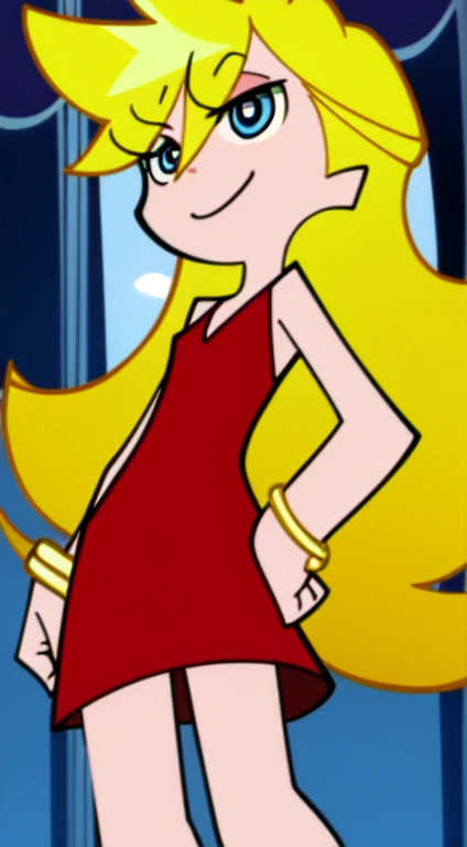 Panty Anarchy, Longer Hair, Blonde Hair, Blue Eyes, Light Smile, Bare Neck, Bare Shoulders, Little Red Dress, Short Red Dress, Golden bracelet, Sexy Poses, Bar Background, standing, hands on hips, smile, looking at viewer