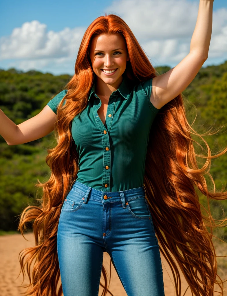 Realistic portrayal:1.2, photorealistic, 4k, Sam from Totally Spies! long slightly wavy orange hair, emerald green eyes and fair skin; smiling,wearing a full body denim outfit. , wide-angle shot, high-angle shot