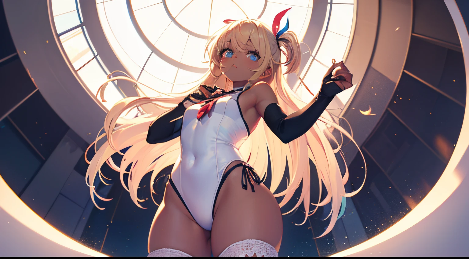 ((dark skin)), blonde hair, high sidetail, ncredibly absurdres, absolutely resolution, highres, texture, beautiful and aesthetic, whimsical, (pastel colors:1.2), (colorful), (sparkling), (high contrast, chroma:1.3), deatiled lingerie, (kawaii cute 1girl, from front, looking at viewer:1.25), (cowboy shot:1.4), (detailed shining light eyes:1.3), white school swimsuit, white long gloves, white knee-high socks, huge , fisheye lens, depth of field,