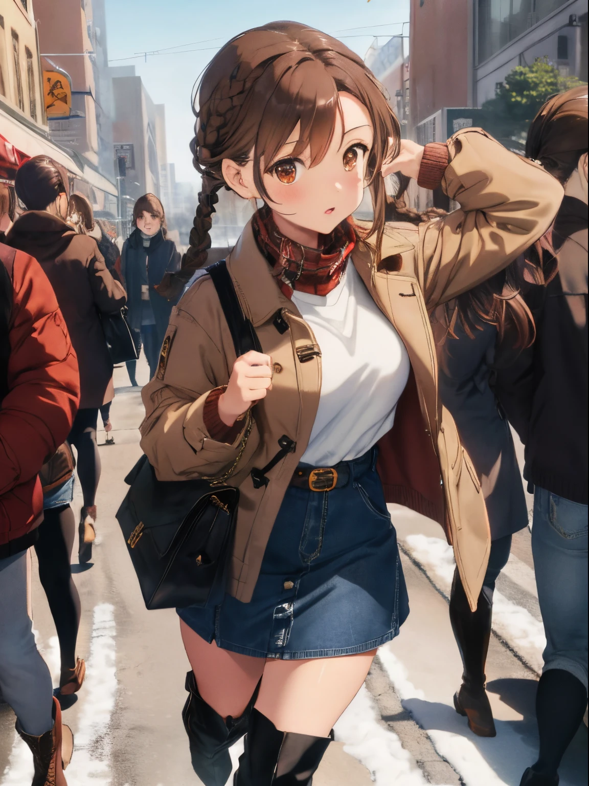 ((Brown hair)),((Braided shorthair)),((Brown eyes)),Slight red tide,(Winter clothes),((warm white long down coat)),(Plaid collared shirt),((Miniskirt in denim material)),((Black boots)),(Ear mufflers),((Black Shoulder Bag)),In a city where many people come and go,((Dynamic movement)),(Run in a hurry),((The exhaled breath is white)),(Perspective from below),((A slightly anxious face)),(Flustered face),
