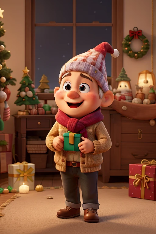 cute Christmas people, dressed in colorful scarves and hats, alegremente em uma sala de estar aconchegante decorada com azevinho e luzes cintilantes, the environment resonating with the joyful spirit of gift-giving and togetherness, pintura detalhada com foco na cena comovente.