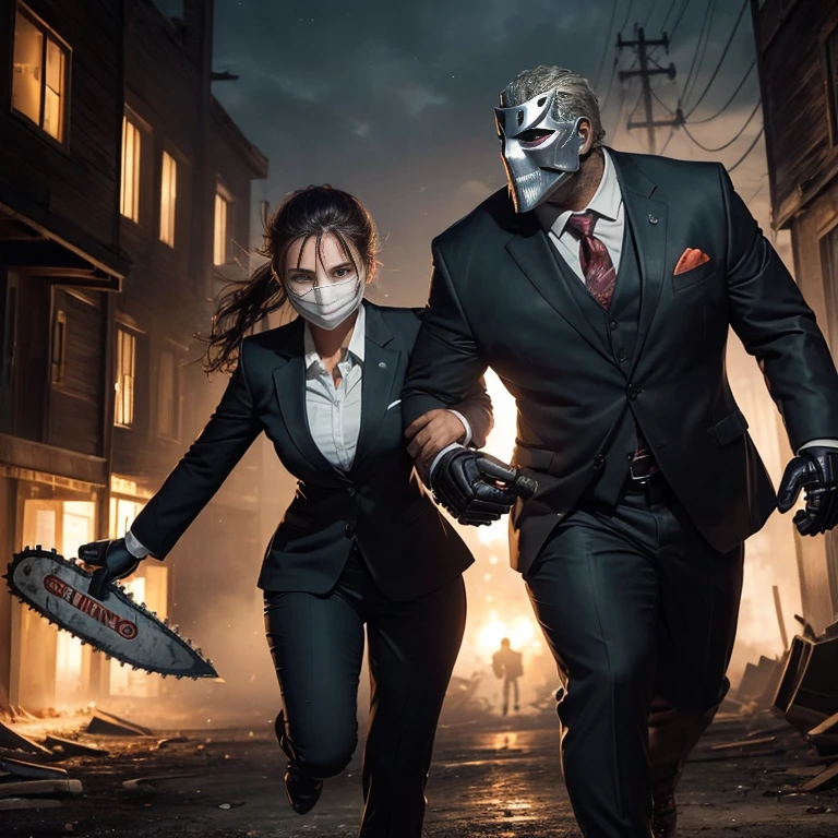 ( ((A young woman in a suit running away)) front side terrified expression Dripping sweat ) And ( (Have a chainsaw、big man wearing a hockey mask) At the back ) ghost town at night