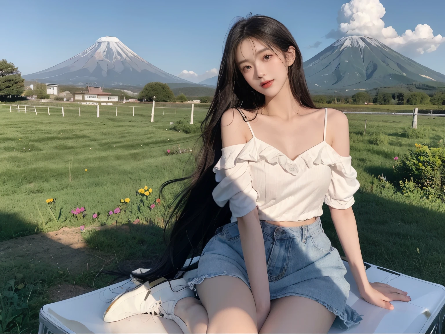 ((Best quality, 8K, On a table:1.3)), beuaty girl, pure, pink cheek，Melon seed face, gentle and cute, Thin stature, (Frontal lobe), (Tilt your head), look straight at the camera, [Split sleeves::0], 、Knee-length skirt，Long straight black silky hair, Long hair spread over shoulders, bigger, Round, 黑The eye, clear big eyes, Moist red lips, A sweet smile, sitted, with hands resting on knees, with blue sky and white clouds, rays of sunshine, grassy fields, Peak of Mt. Fuji, North view of the Tibetan steppe,The background is a natural landscape