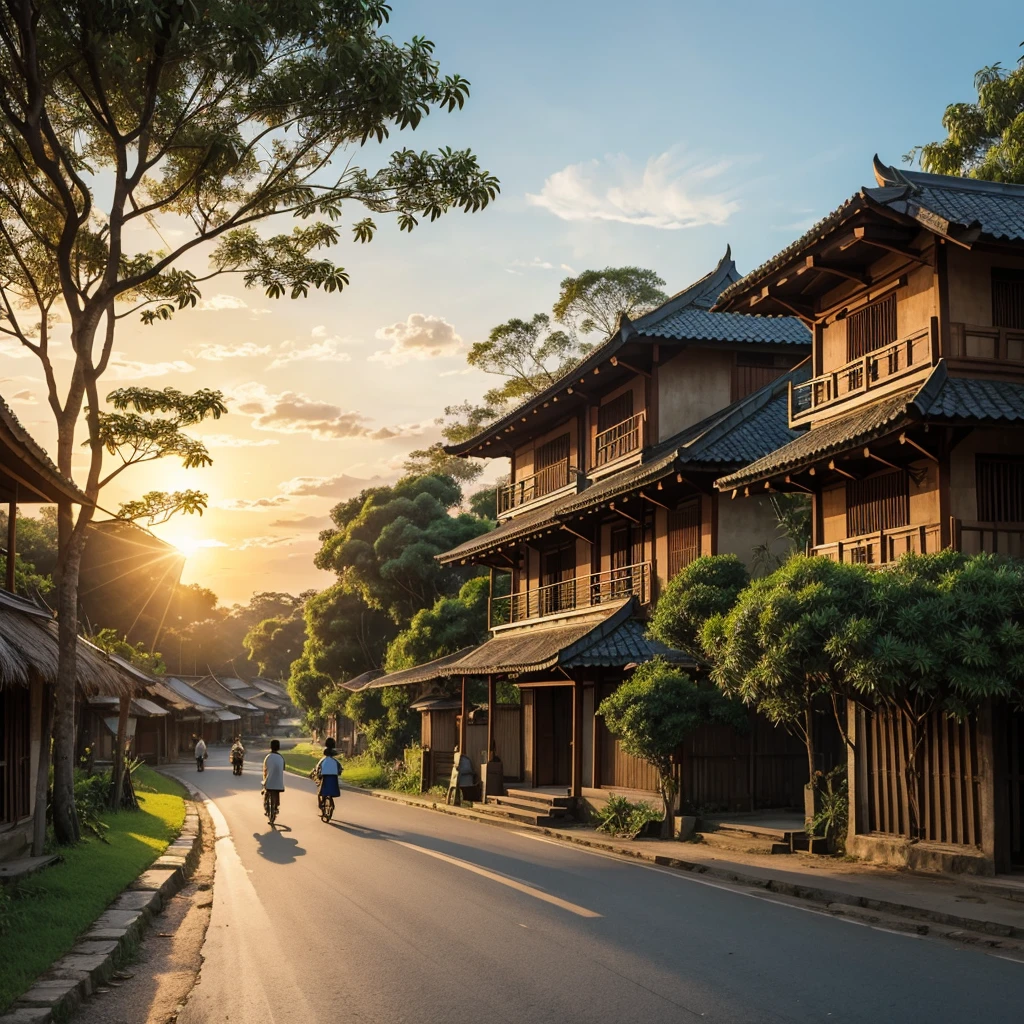 A detailed view. Studio Ghibli style. An early morning scene in a village in Indonesia. The sun is just rising on the eastern horizon. Some men leave for the rice fields. Some women are walking while carrying baskets. There is a man riding his bicycle on the road. With houses of traditional Javanese design. Trees by the roadside. The atmosphere is shady and cool. Masterpiece.