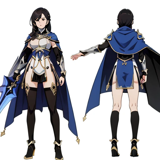 (((Best Quality))) , ((full body)), female, multiple views, (white background), holding weapon, cape, gauntlets, holding shield,